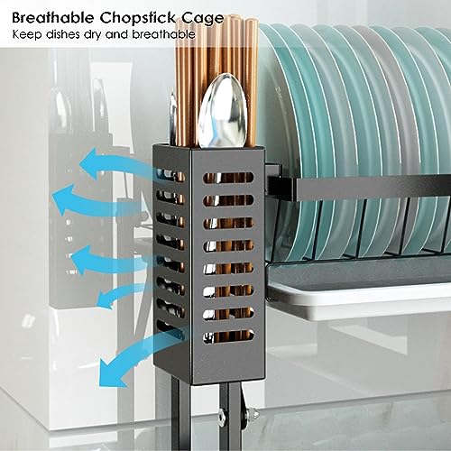 Escurridor para platos/secador/escurridor/escurridor sobre fregadero, soporte plegable de 2 niveles con bandeja de goteo, acero inoxidable, revestimiento negro