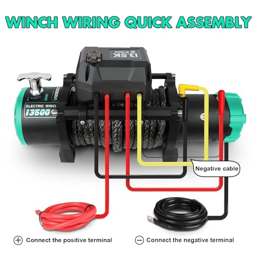 Image of 13500LB Winch Waterproof Electric Black Synthetic Rope 12V Winch, with 1 Wireless Remote & Wired Manual Switch,Manual Power Switch and Handle Extension Cable,Cyan Hawse Fairlead and Hook