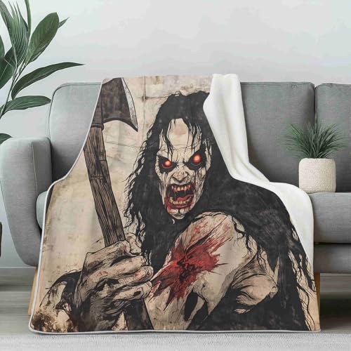 3D Kuscheldecke für Erwachsene Horror Zombie Wohndecke Flauschig als Sofa Deko Gruselig Monster Tagesdecke Thriller Axt Fleecedecke Warm für Couch und Sessel, 130x150 cm