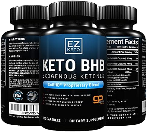 EZ Keto BHB Exogenous Ketones Diet Pills 120 Capsules 40 Day Supply. USA Made Using GoBHB Advanced Ketosis and Weight Loss Support for Men and Women. Includes 173 Page eBook, The EZ Keto Start Guide