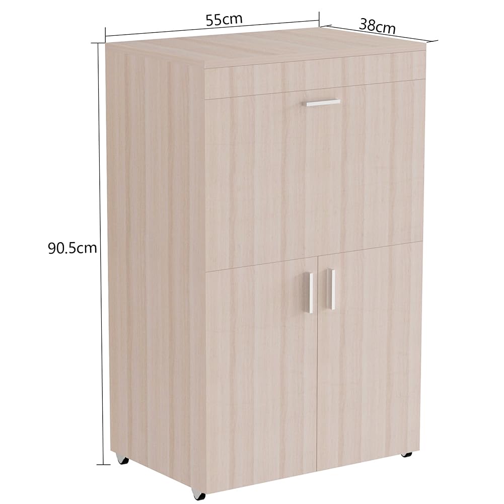 Shally Dogan Mobile Asse da Stiro a Scomparsa Salvaspazio Richiudibile, Mobiletto Pieghevole Telaio in Legno per Stiratura Veloce, 4 Ruote per Spostamento, Ideale Lavanderia, Bagno (Olmo)