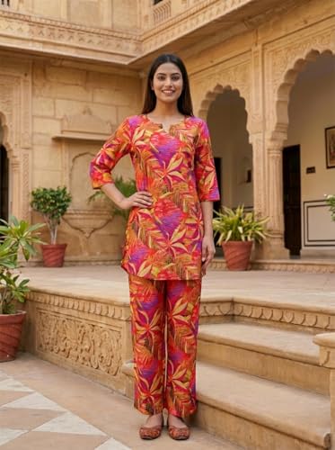 Image of NAINVISH Women's Printed Rayon Blend Co-ord Set | Straight Fit Top & Pant Ensemble | V-Neck Mandarin Collar Styles | Modern Black, Orange, Purple, Green Designs | Perfect for Casual, Festive Events