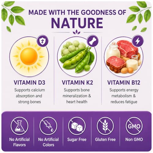 Image of Vitamin D3 K2 B12 Gummies | 60 Gummies | Strawberry Flavour | Sugar Free Vitamin | Daily Wellness with Vitamin D, Vitamin K2 & Vitamin B12 supplements for Bone Health