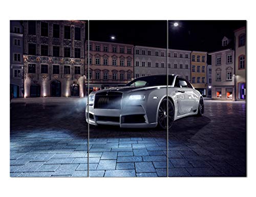 Wall Art Painting 3 Piece Cityscape and White Supercar Painting Pictures Print On Canvas Sports Car The Picture For Home Modern Decoration Stretched By Wooden Frame Ready To Hang 28 x 14inch x 3