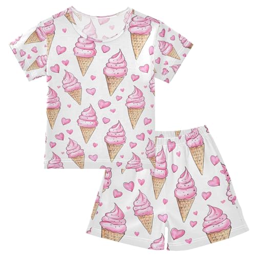 ALAZA Ice Cream Love Heart Cartoon Pajamas Set Short Sleeve Cotton Sleepwear Summer Pjs 2 Piece 5-14Y