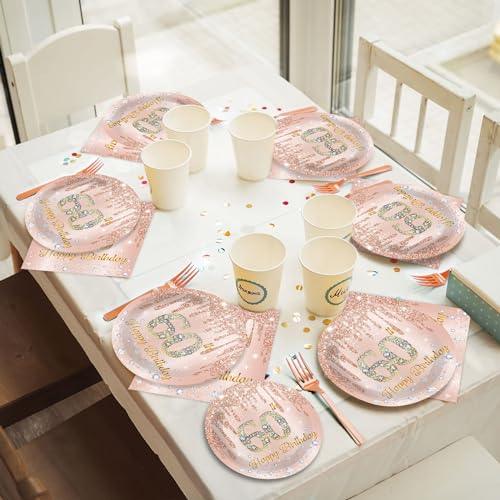 Image of ZOIIWA 96 Pieces 60th Birthday Party Tableware Set for Pink Rose Gold 60th Paper Table Decorations Supplies Pink Rose Gold Happy 60 Birthday Dessert Plates Napkins Forks for 24 Guests Women Supplies