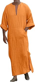Kaftan Thobe Mens Short Sleeve V-Neck Linen Robe Big and Tall Muslim Robe Casual Loose Lightweight Long Sleeping Gown