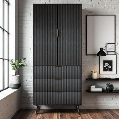 Image of Fluted Tall Cabinet, Kitchen Pantry Cabinet with Adjustable Shelves, Wood Cupboard with 3 Drawers 2 Doors, Mid Century Modern Cabinet for Living Room Dining Room Entryway Office, Black