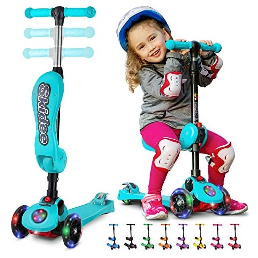SKIDEE Y100 2-in-1 Scooter for Kids with Folding Removable Seat Zero Assembly–Adjustable Height Kick Scooter for Toddlers Girls & Boys 2-12 Years-Old – Fun Outdoor Toys for Kids 3 LED Flashing Wheels