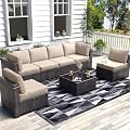 7-Piece Outdoor Patio Furniture Set, PE Rattan Wicker Sectional Modular Conversation Sofa Set with Thick Cushions & Glass Top Coffee Table, Perfect for Garden, Balcony, and Porch, Brown