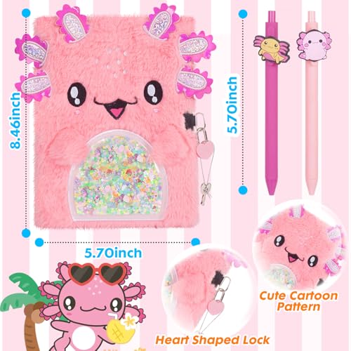 Pinkgarden Axolotl Gifts for Girls Age 5-12, Plush Axolotl Toy with Secret Diary, Lock & Keys, Pen, Stickers, Keychain, Birthday Gifts for Kids, Cute Axolotl Journal Set - Image 6