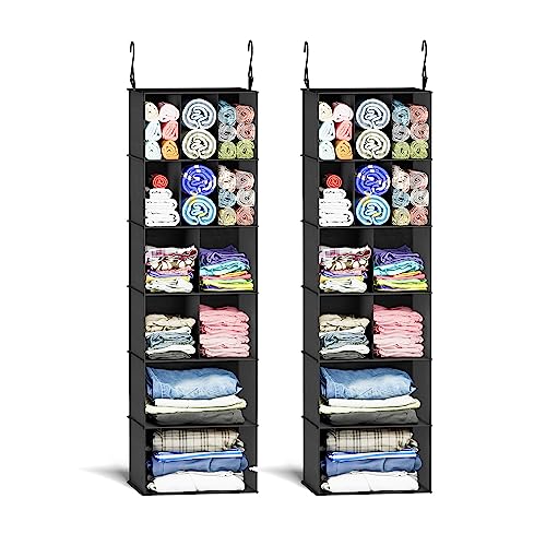 Image of SUOCO Hanging Closet Organizer and Storage with Dividers, 12 Compartments Clothes Shoes Accessories Shelf for Wardrobe, Nursery, Cloakroom or RV, Black, 2 Pack