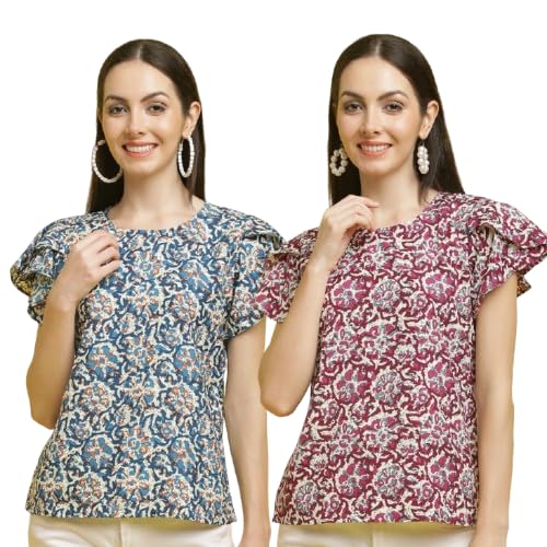 Pinkmint Combo Top's for Women Stylish Ruffle Trim Petal Sleeve Tops (Pack of 2)