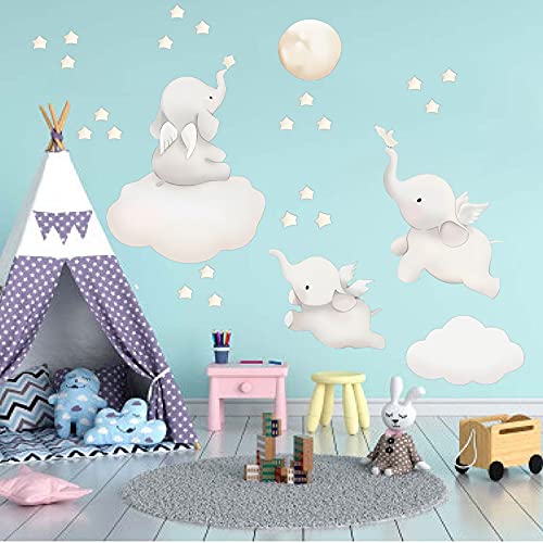 NAjS Stickers muraux amovibles Motif animaux mignons Éléphant avec ailes Étoiles Nuage Lune Ciel Nuit Décoration murale pour enfants Idéal pour chambre d'enfant Garçon et fille Cover