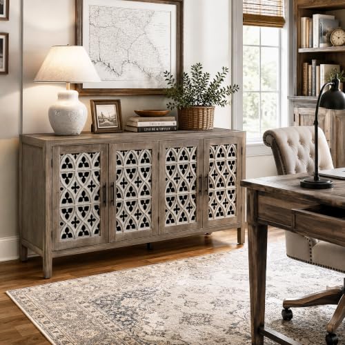 Image of Farmhouse Buffet Sideboard Cabinet, Vintage Carved Wood Storage Cabinet with Doors for Dining Room, Living Room & Entryway, Antique Brown