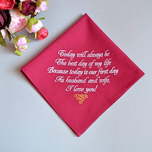 Burgundy Wedding Handkerchief for Groom from Bride on Wedding Day Cotton Embroidered Wedding Poem