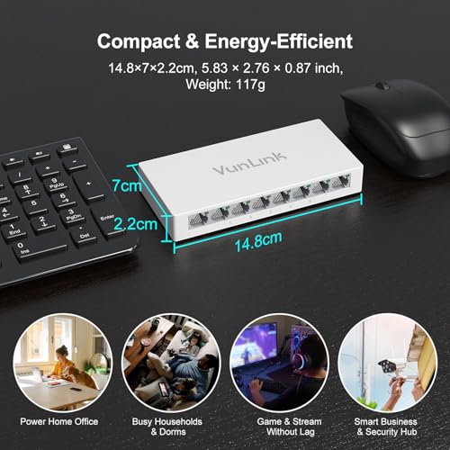 Image of 8 Port Gigabit Ethernet Switch - VunLink Unmanaged Network Switch Hub, Desktop Ethernet Splitter, Fanless & Energy Efficient, Plug-and-Play, High-Speed Connection for Home, Office, NAS, Gaming