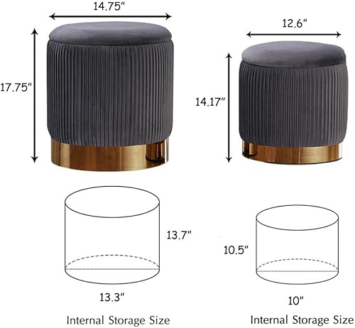 Miniatura 14 de Otomana redonda con almacenamiento, juego de 2 taburetes de tocador, reposapiés con tapa extraíble, taburete otomano de almacenamiento de terciopelo