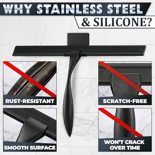 Image of Shower Door Squeegee with Hook - 12 inch Silicone Blade, Stainless Steel Black Squeegee for Shower Glass with Adhesive Mount - All-Purpose Bathroom Tile, Mirror, & Window Wiper for Streak-Free Cleaning
