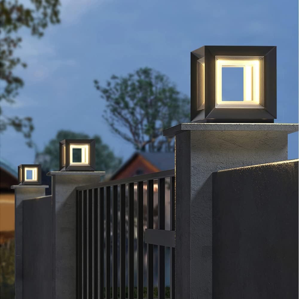 Outdoor Post Lights Square Waterproof LED Lawn Pillar Lamps Stainless Steel Gate Column Lamps Villa Garden Street Light Gate Fence Park Landscape Lights (28 * 30 * 31.5cm)