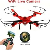 New SkyCo Q222K Rc Drone with Camera Live Video Quadcopter 4 Ch 2.4ghz 6-gyro,Headless System Drone Live Camera HD One-Key-Return & Take Off Barometer Air Pressure Set Helicopter WiFi FPV (Red)