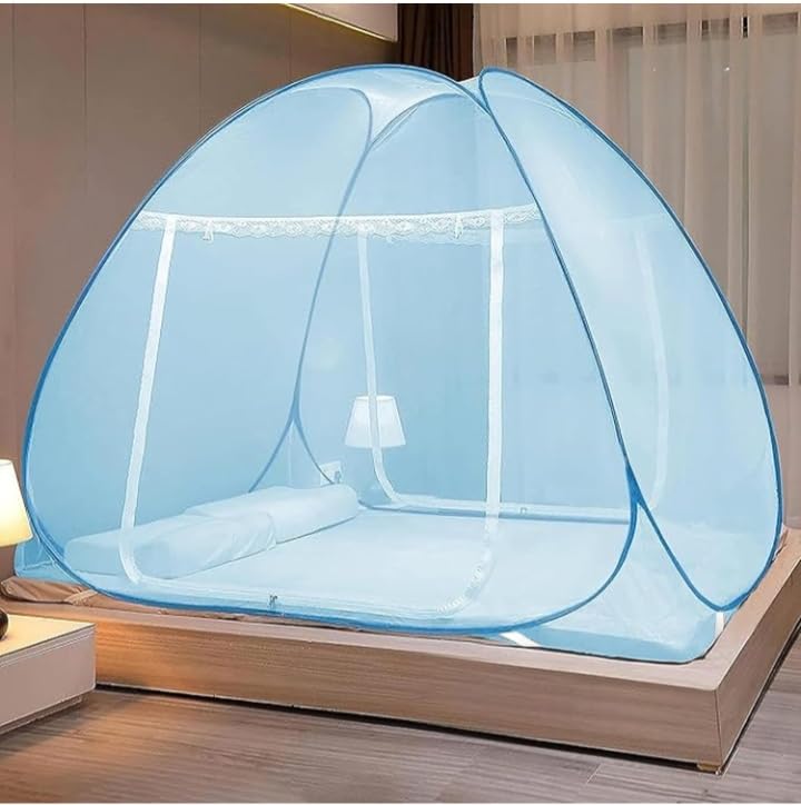 claccyfy Mosquito Net for Double Bed | King Size Foldable Machardani | Polyester 30GSM Strong Net |PVC Coated Corrosion Resistant Steel Wire - Blue (6 x 6.5) feet