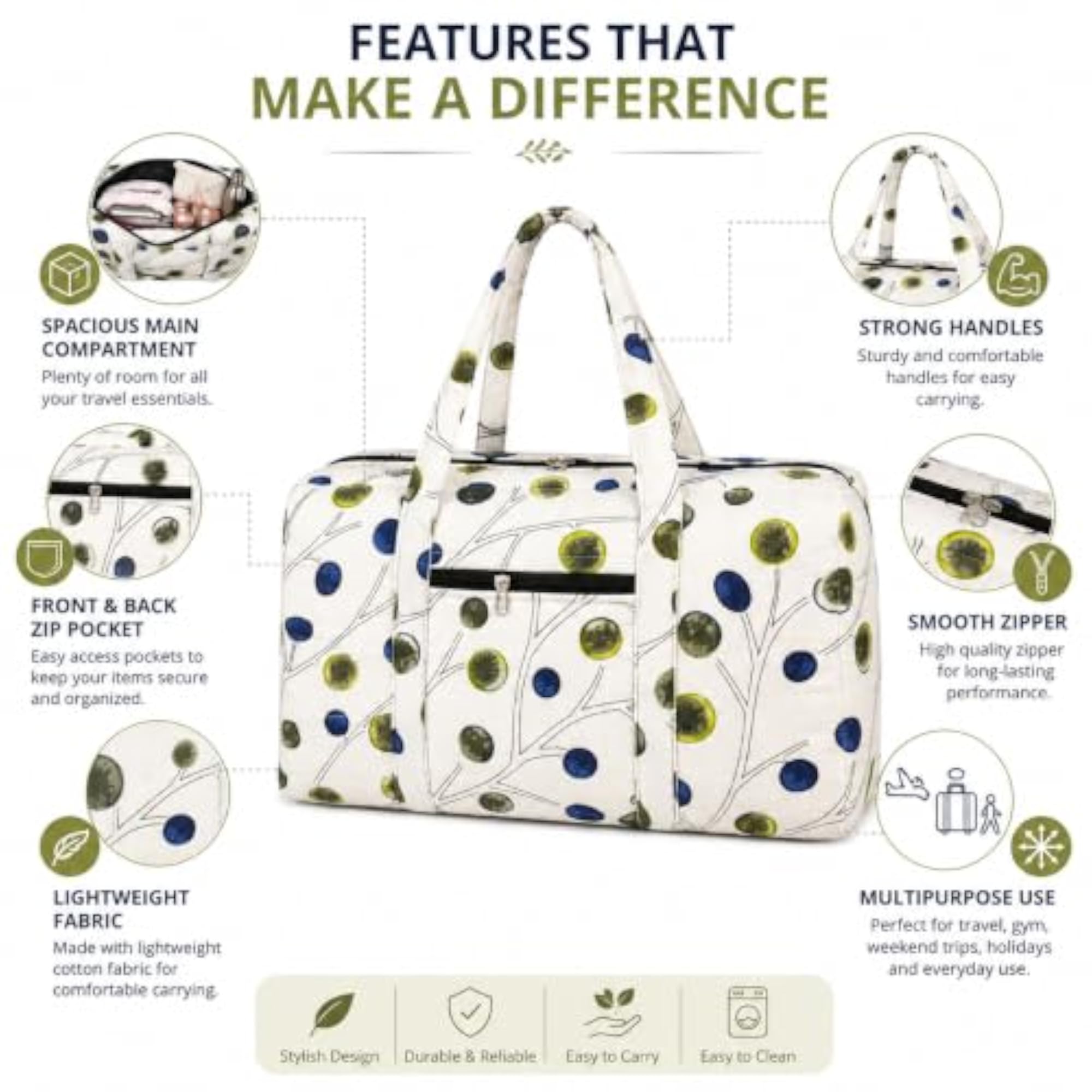 Botanical Print Travel Duffel Bag for Women, Spacious