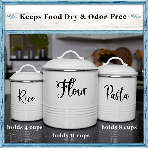 Home Acre Designs Farmhouse Food Jars Canisters Set Storage Container For Kitchen Decor, Rustic Metal Countertop Canisters With Airtight Lids For Flour, Pasta, Rice - White #TOP3
