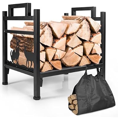IKER Firewood Rack for Indoor, Firewood Racks Holder with Canvas Log Carrier, Outdoor Wood Racks for Firewood, 17.3” Heavy Duty Steel Fire Wood Storage Log Holder for Fireplace Patio Deck, Black