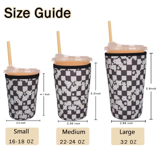 Image of Reusable Insulated Sleeve for Iced Coffee Cup, 3-Pack Coffee Neoprene Drink Sleeve for Cold & Hot Drinks, Beverage Holder for Iced Coffee (Daisy Checker)