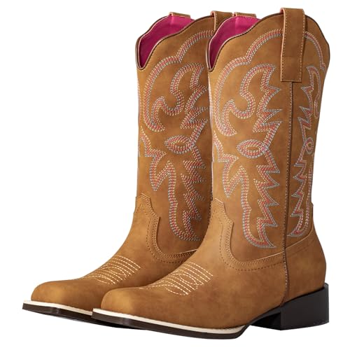 Image of SheSole Women's Fashion Wide Square Toe Western Cowgirl Cowboy Boots Mid Calf