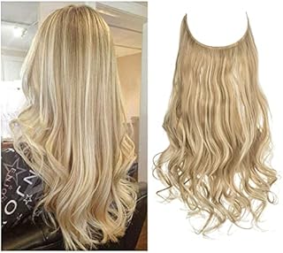 Short Highlight Invisible Wire Hair Extension Dirty Blonde 12 Inch Wavy Curly Synthetic Hairpiece Headband Adjustable for Women 3.5 Oz Heat Resistant Fiber No Clip SARLA