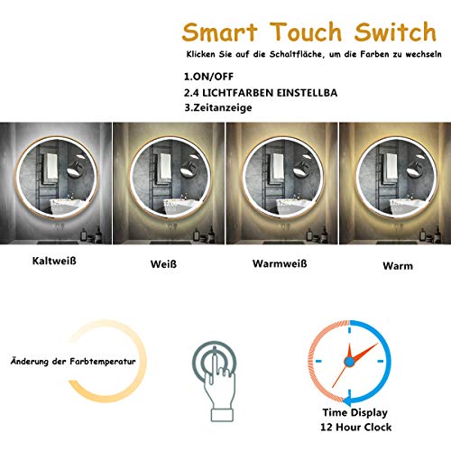 60 cm ronde badkamerspiegel - LED badkamerspiegel met digitale klok, LED-licht, touch-schakelaar - Image 4