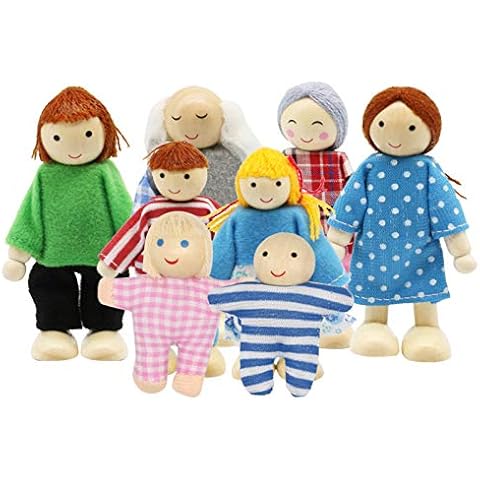 PUCKWAY Lovely Family Dollhouse Dolls Set of 8 Wooden Figures, Kids Girls Happy Playset Characters Accessories for Children Pretend Gift Cover