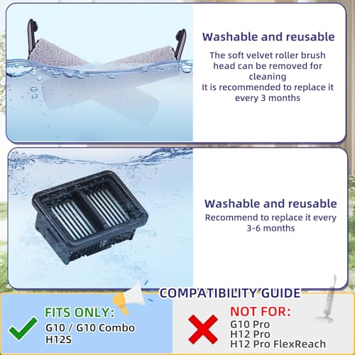 Image of Replacement Parts for Dreame G10, G10 Combo, H12S Cordless Wet Dry Vacuum | NOT for Other Models. ONLY Fits G10, G10 Combo, H12S. 2 Roller Brushes, 2 Filters & 1 Cleaning Brush