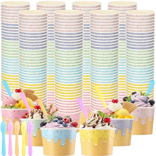 Jingmore 120 Set Paper Ice Cream Cups Bulk with Spoons 6 oz Disposable Sundae Bowls Colorful Paper Dessert Cups Containers for Snack Yogurt Soup Summer Bar Party Supplies