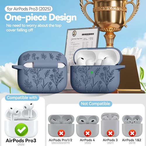 Image of Ekoonpft for Airpods Pro 3 Case, Flower Engraved Cases for Apple AirPods Pro 3rd Generation 2025, Soft Silicone Cover for Men Women Girly with Cleaning Kit & Keychain, Anti-Scratch, Shockproof