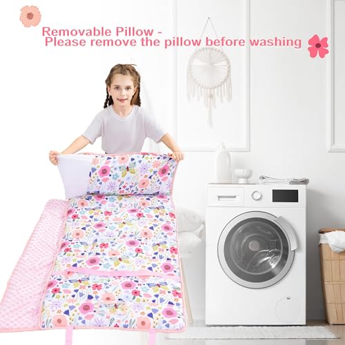 Image of Viviland Toddler Nap Mat, Rolled Sleeping Mats with Pillow and Minky Dot Blanket for Girls, Kids Slumber Bag Nap Mat for Preschool, Daycare, Kindergarten, Travel Camping - Butterfly Garden