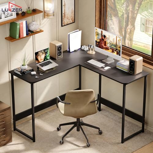 Image of Lukzer Engineered Wood L-Shaped Corner Study and Computer Laptop Table for Home or Office |MST-007 /Black & Black | Multi-Functional Sturdy Gaming Station and WFH Desk with Metal Frame