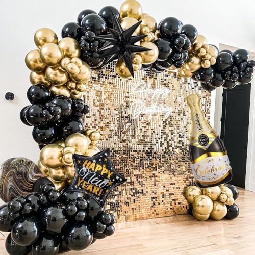 2026 Happy New Year Party Decorations - 130pcs Black and Glod Balloon Garlands Arch Kit, Large Bottle Foil Balloon New Years Eve Party Background Anniversary Graduation Home Supplies (Black Gold) - Image 7