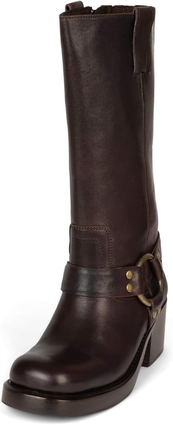 Women's Knee High Riding Boots Round Toe Block Heel Fashion Motorcycle Booties Side Zipper Wide Calf Biker Riding Boots with Studs - Image 2