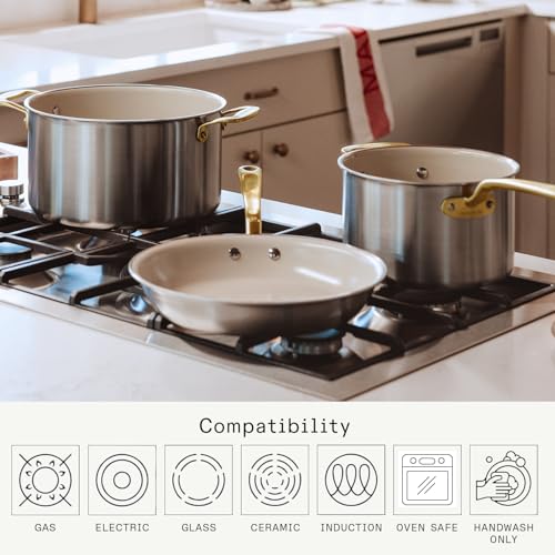Image of Made In Cookware - 6 Piece Stainless Steel Saucepan Set with Lid (Antique Brass Handle) - 5 Ply Clad - Includes Non Stick Saucepans and Saucier - Professional Cookware - Crafted in Italy