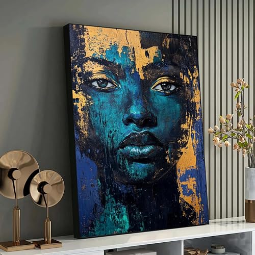 Visage africain abstrait bleu et or : une toile expressionniste vibrante
