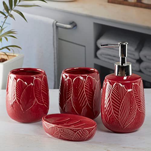 Image of SaSaSa Ceramic Bathroom Accessories Set of 4 Modern Bath Set with Soap Dispenser & Toothbrush Holder, Luxury Home & Gift Idea, Red (9886)