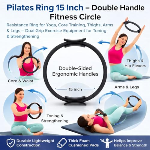 BURAKH Pilates Ring 15 Inch Fitness Resistance Circle with Dual Handles, Exercise Ring for Yoga, Core, Thighs, Arms & Legs Training - Image 6