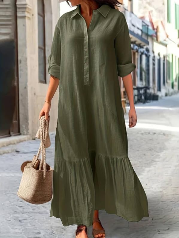 Women Cotton Linen Long Sleeve Maxi Dress Spring Casual Button Lapel Flowy Beach Vacation Shirt Dress with Pocket - Image 2