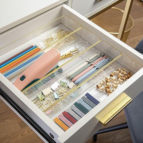 Image of Martha Stewart Kerry Plastic Stackable Office Desk Drawer Organizers, 9 inch x 3 inch, 8 Pack, with Gold Trim