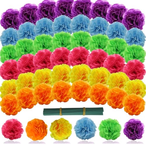 YGbridge Artificial Marigold Flowers with Stems 60 Pcs Silk Flowers Marigolds for Day of The Dead Decoration Diwali Decor Ofrenda Decorations Marigold Garland for Decoration (60 Mixed Colors)