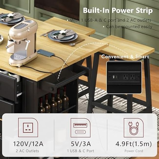 51 Kitchen Island with Pull Out Trash Can Storage & Drop Leaf,Folding Island Table with 6 Drawers,Rolling Kitchen Cart with Open Side Racks,Dining Island Table with Towel Rack,Power Outlet (Black)-DHcBjfyY