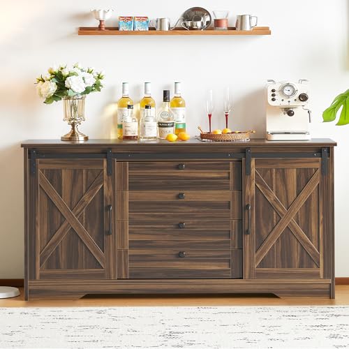 Luoxiao-Large-Farmhouse-Buffet-Cabinet-with-Storage-55-Wood-Modern-Kitchen-Storage-Cabinet-with-4-Drawers-Sliding-Barn-Doors-Adjustable-Shelf-Coffee-Bar-Cabinet-for-Living-Room-Kitchen-Dark-Oak Luoxiao Large Farmhouse Buffet Cabinet with Storage 55 Wood Modern Kitchen Storage Cabinet with 4 Drawers Sliding Barn Doors Adjustable Shelf Coffee Bar Cabinet for Living Room Kitchen Dark Oak